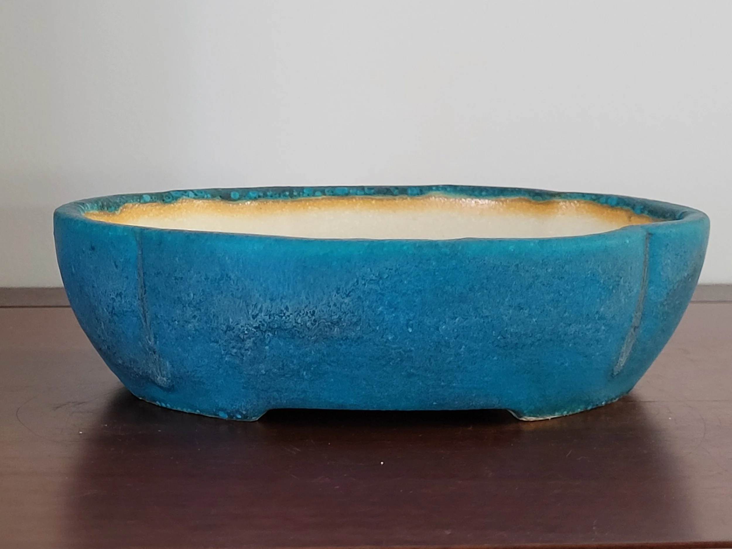 A blue ceramic bowl with a yellowish interior placed on a dark wooden surface against a light background.