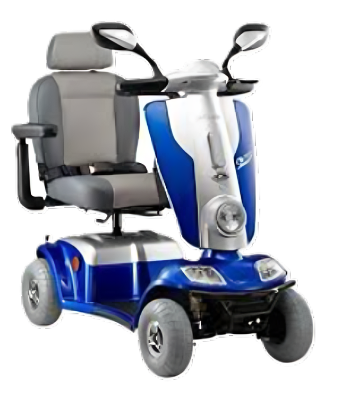 A mobility scooter designed for individuals with limited mobility, featuring a gray seat, a blue and white body, and four wheels.