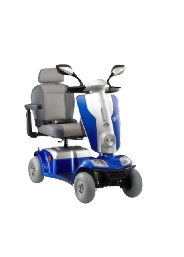 A mobility scooter with a blue body, gray seat, and handlebars, set against a black background.