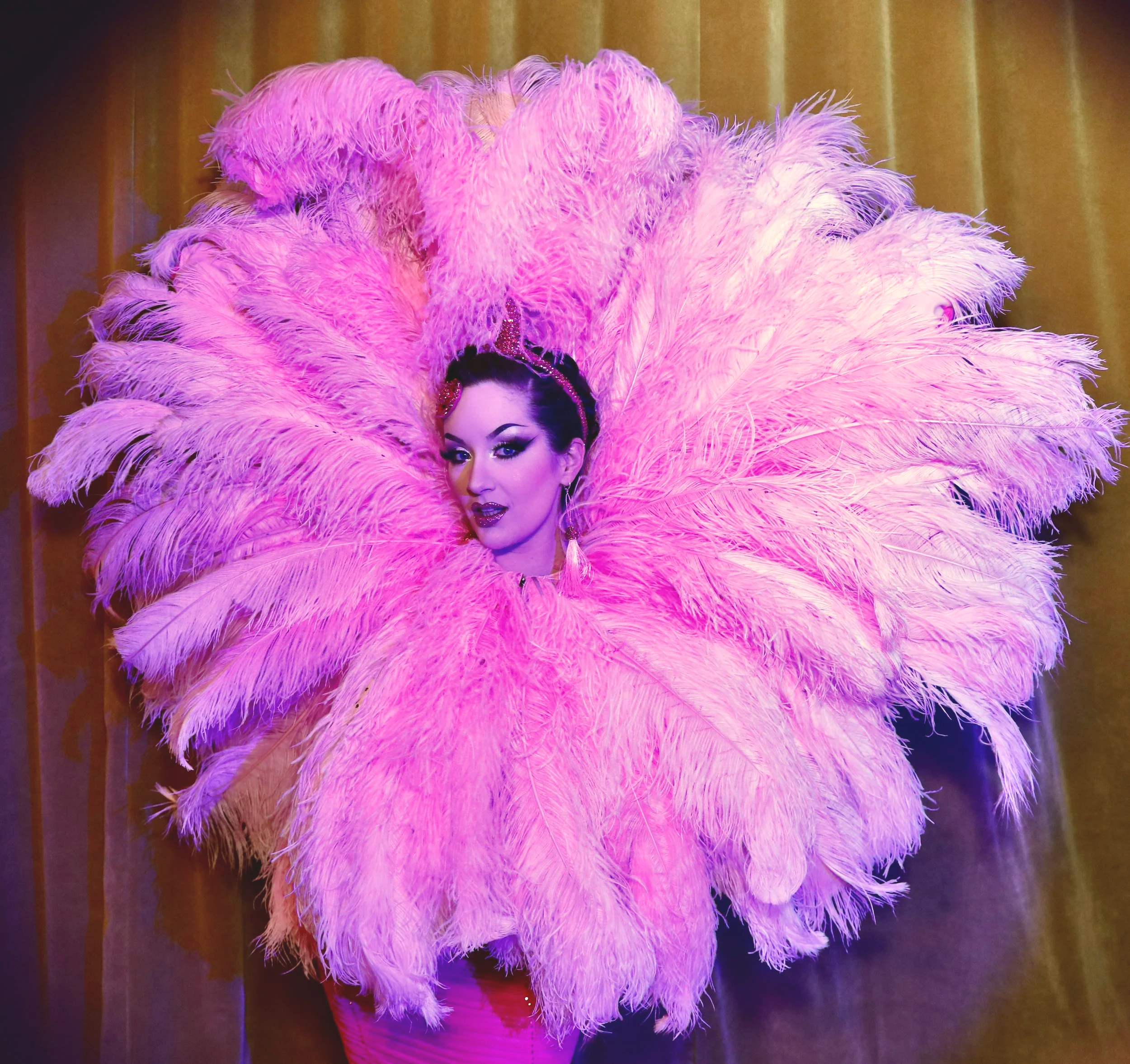 A woman wears a large pink feathered costume resembling a peacock or showgirl outfit with a headdress, standing in front of a gold curtain.