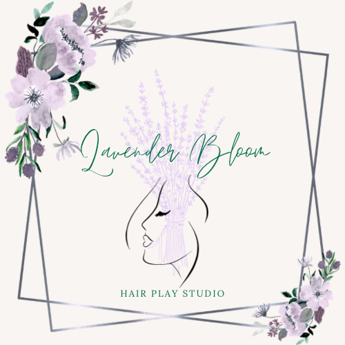 Logo for Lavender Bloom Hair Play Studio featuring a lavender bouquet in a woman's hair outline and floral decorations in purple and green.