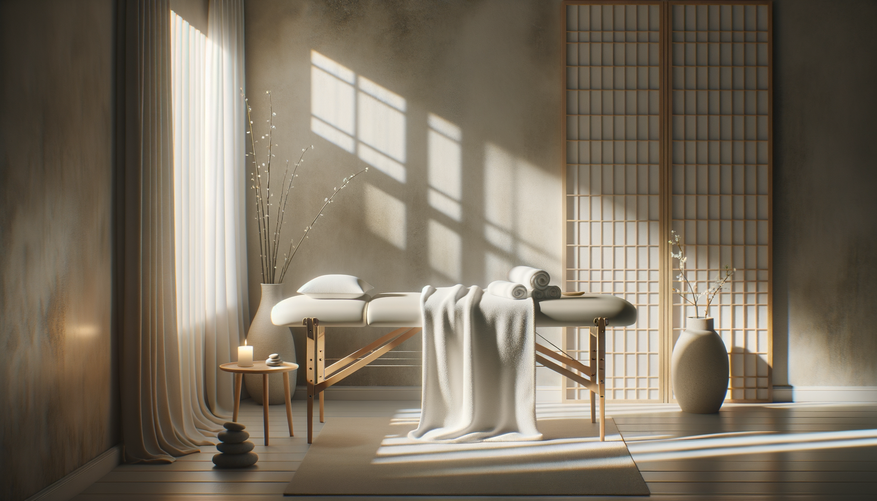 A peaceful spa room with a massage table, white linens, rolled towels, a vase with branches, a lit candle, and a shoji screen, illuminated by sunlight through a window.