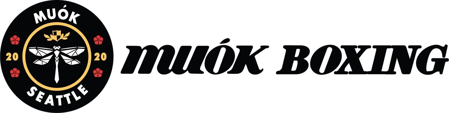 Logo for MUOK Boxing featuring a black circle with a gold border, a dragonfly graphic in the center, surrounded by the words MUOK SEATTLE and MUOK BOXING, and the year 2020.
