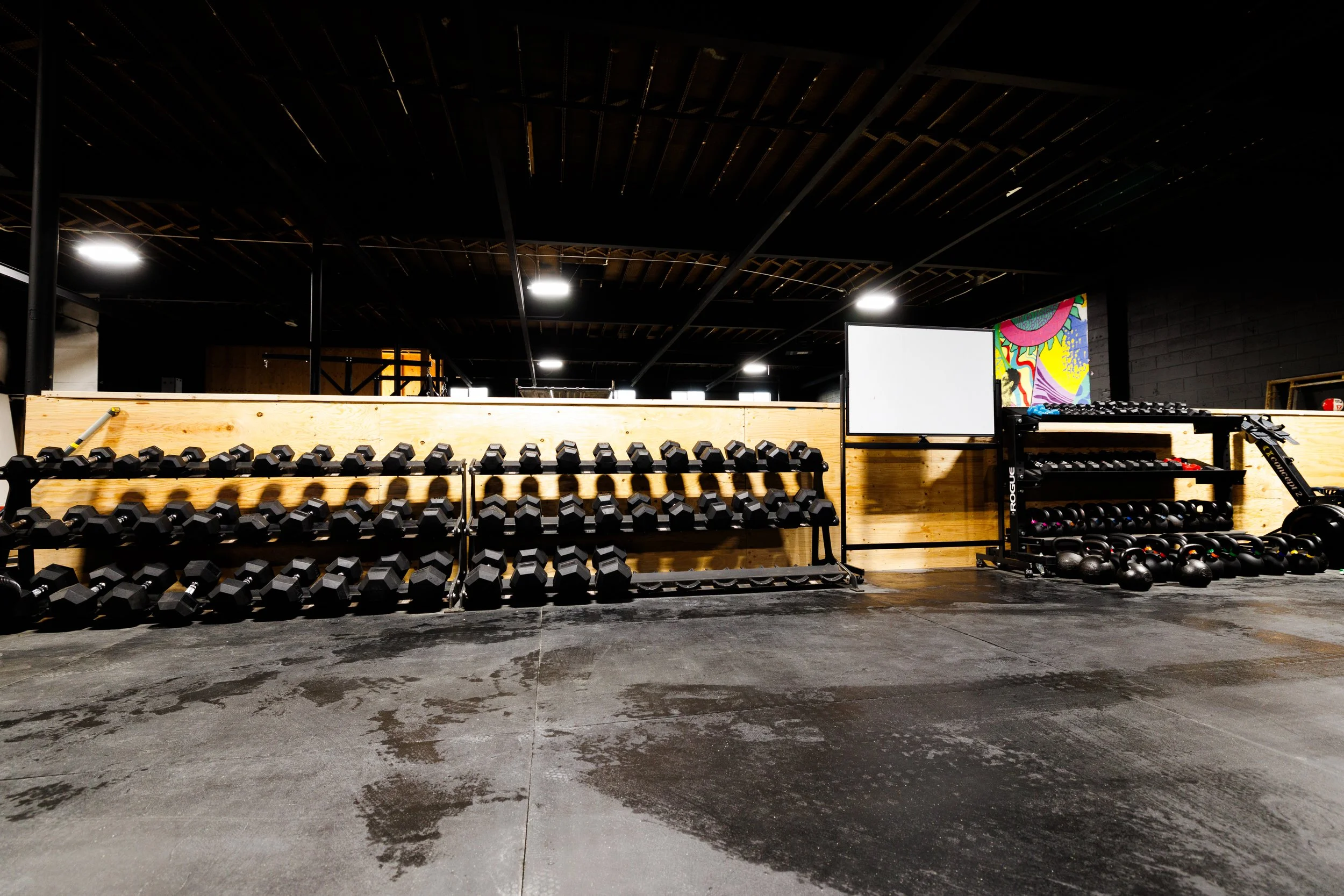 Empty gym with black dumbbells and kettlebells on racks against a wooden wall inside a fitness center.