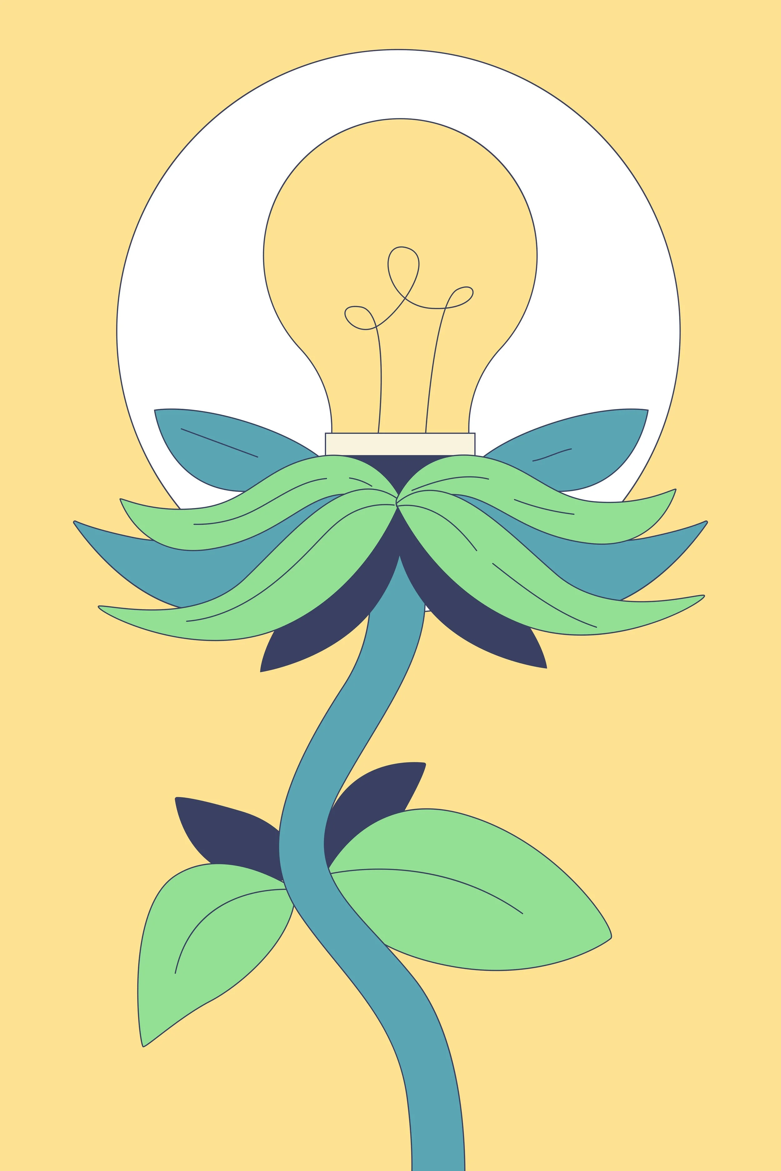 A stylized illustration of a light bulb integrated into a plant with green and blue leaves on a yellow background.