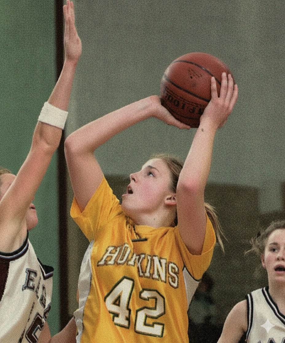 Young female basketball player in yellow jersey jumping to shoot, surrounded by opponents in white jerseys during a game.