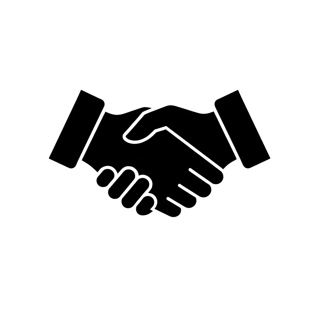 A black logo of hands shaking.