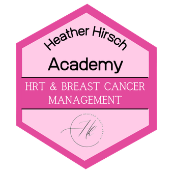 Hexagonal pink badge for Heather Hirsch Academy, HRT & Breast Cancer Management.
