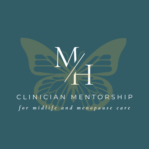 Logo for MLH Clinician Mentorship with a butterfly background and the text 'for midlife and menopause care'