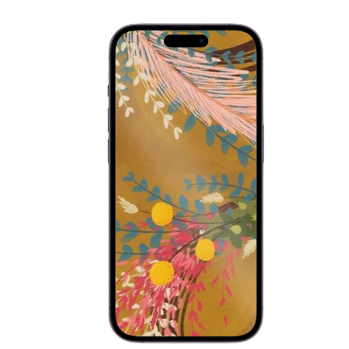 Smartphone with a colorful, abstract floral pattern on the screen, featuring various flowers, leaves, and branches with a gold background.