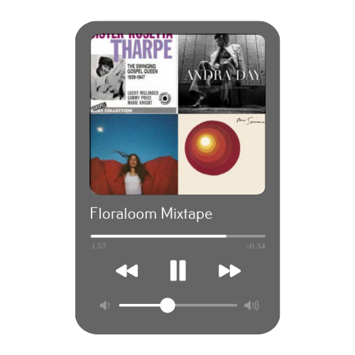 Screenshot of a music playlist titled 'Floralom Mixtape' featuring four album covers, a playbar, and media controls.
