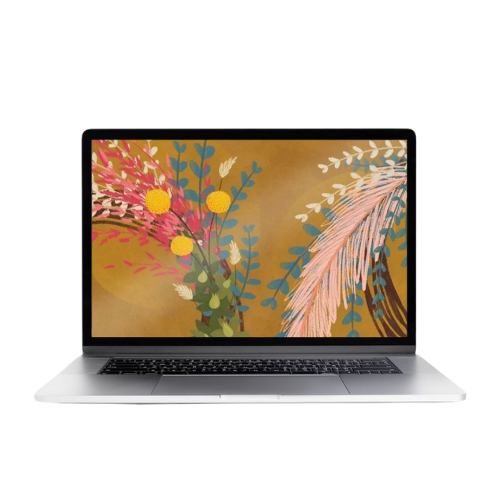 Laptop displaying a colorful abstract floral artwork with pink, yellow, white, and blue shapes on a gold background.