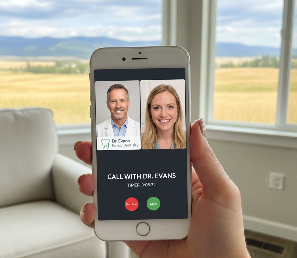 woman's hand holding the phone. On the phone's screen you can see she's on an online phone call with her dentist. The background behind the phone is at home, but in a house with a window overlooking rural idaho