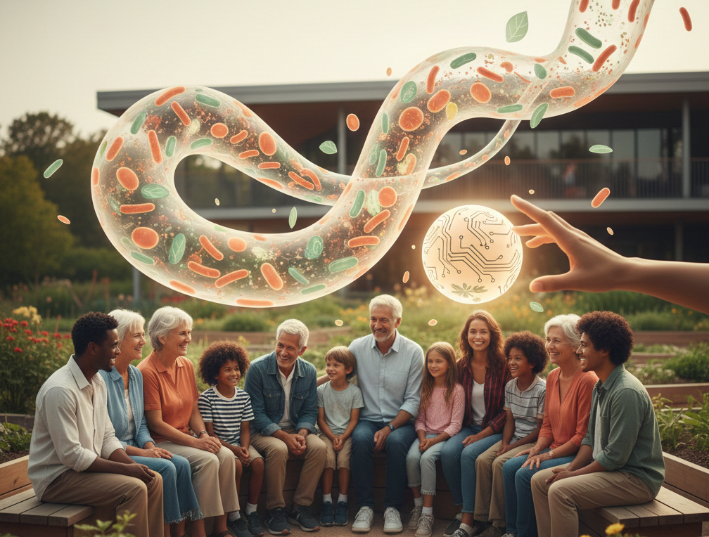 Families gathered together in a community.png, there's a design of bacteria and modern technology floating over them