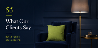 The British Boffins What Our Clients Say testimonials graphic, a navy sitting room with a lime green cushion
