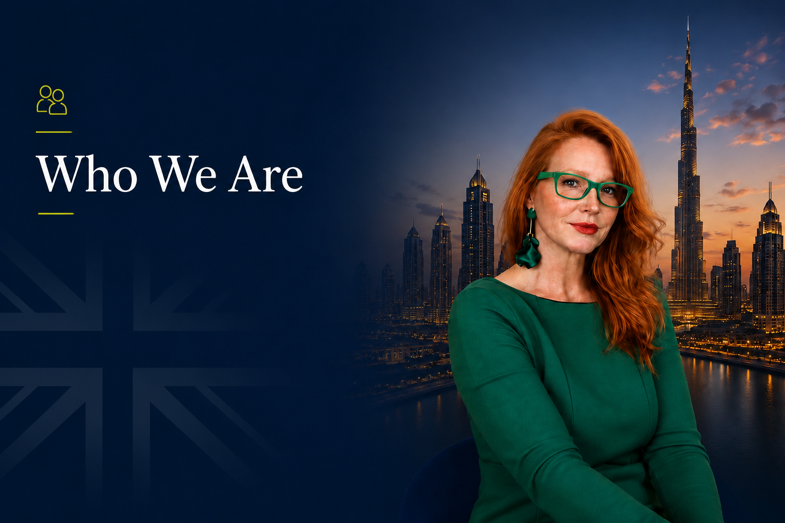 The British Boffins founder in signature emerald green with green glasses, Who We Are banner with a city skyline at sunset and a faint Union Jack