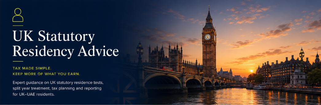 The British Boffins UK Statutory Residency Advice banner, Big Ben and the Houses of Parliament over the River Thames at sunset