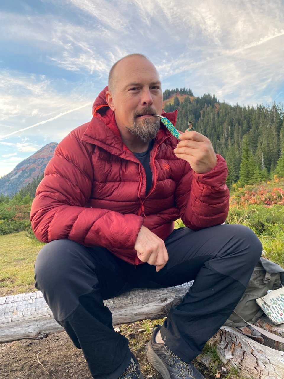 A man with a beard and shaved head sitting on a log outdoors, smoking a pipe, with forested mountains and a cloudy sky in the background.