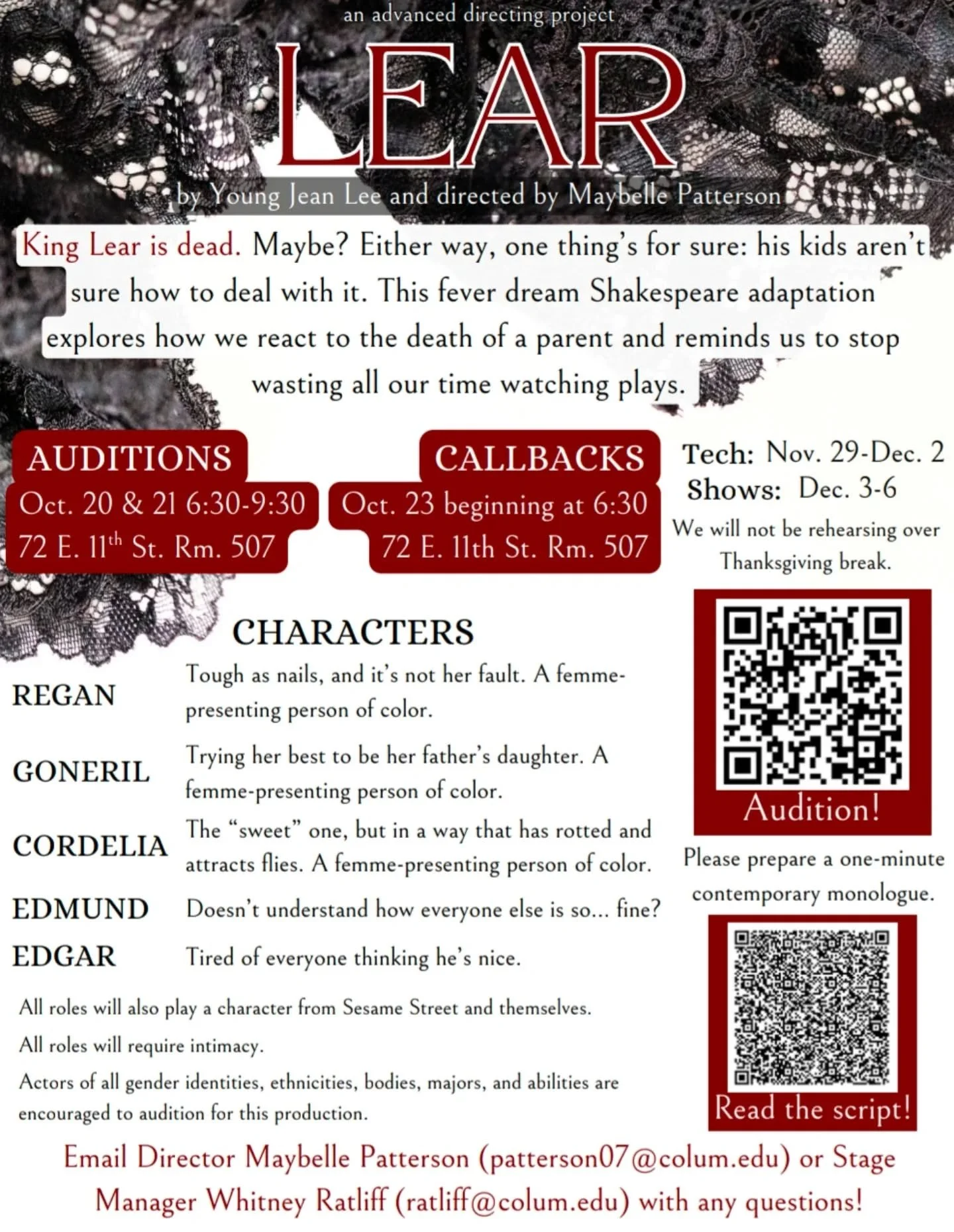 That's right, your favorite audition information is FINALLY out! Link in bio. See you there!!

Auditions are Oct. 20 &amp; 21 at 6:30 in 72 E. 11th St, room 507! Reach out to me or stage manager Whitney Ratliff with any questions.