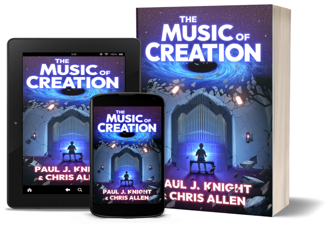 Book titled 'The Music of Creation' by Paul J. Knight and Chris Allen, shown on a tablet, smartphone, and physical copy.