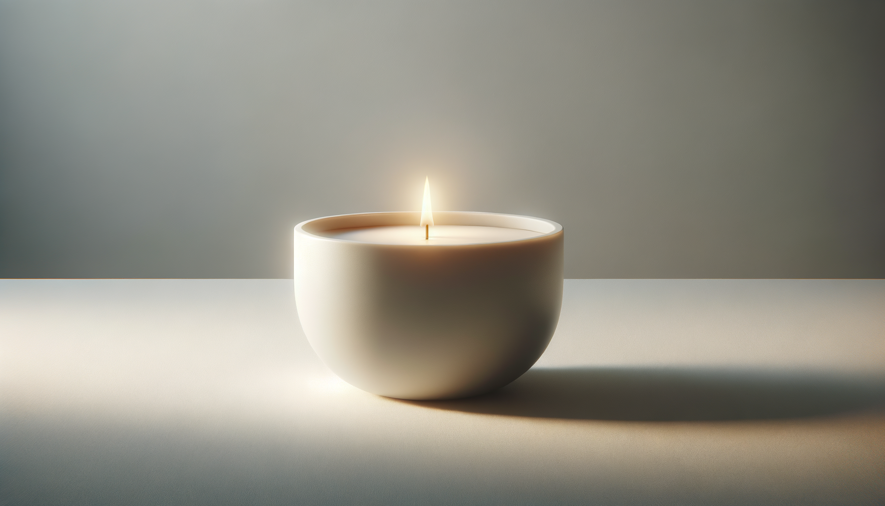 Vela acesa em um recipiente branco sobre uma mesa