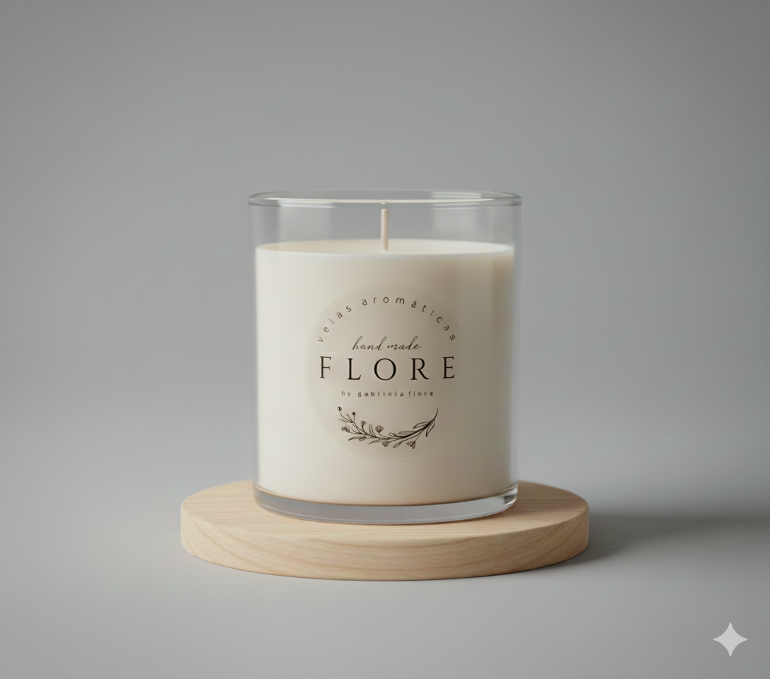 Vela aromática branca em vidro transparente, colocada sobre uma base de madeira, com rótulo que diz 'velas aromáticas handmade Flore by gabriela flore'.