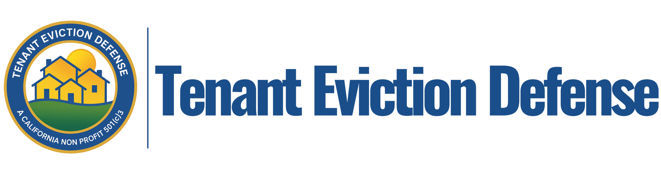 Logo of Tenant Eviction Defense featuring houses with a sun behind on a green hill, with the organization name next to it.
