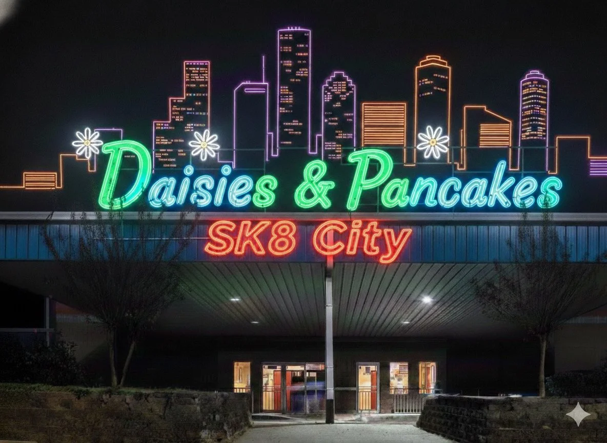 Neon sign displaying skyscape in city with text 'Daisies & Pancakes SK8 City' in pink, green, blue, and purple lights, with city skyline outline and flowers, above entrance to building at night.