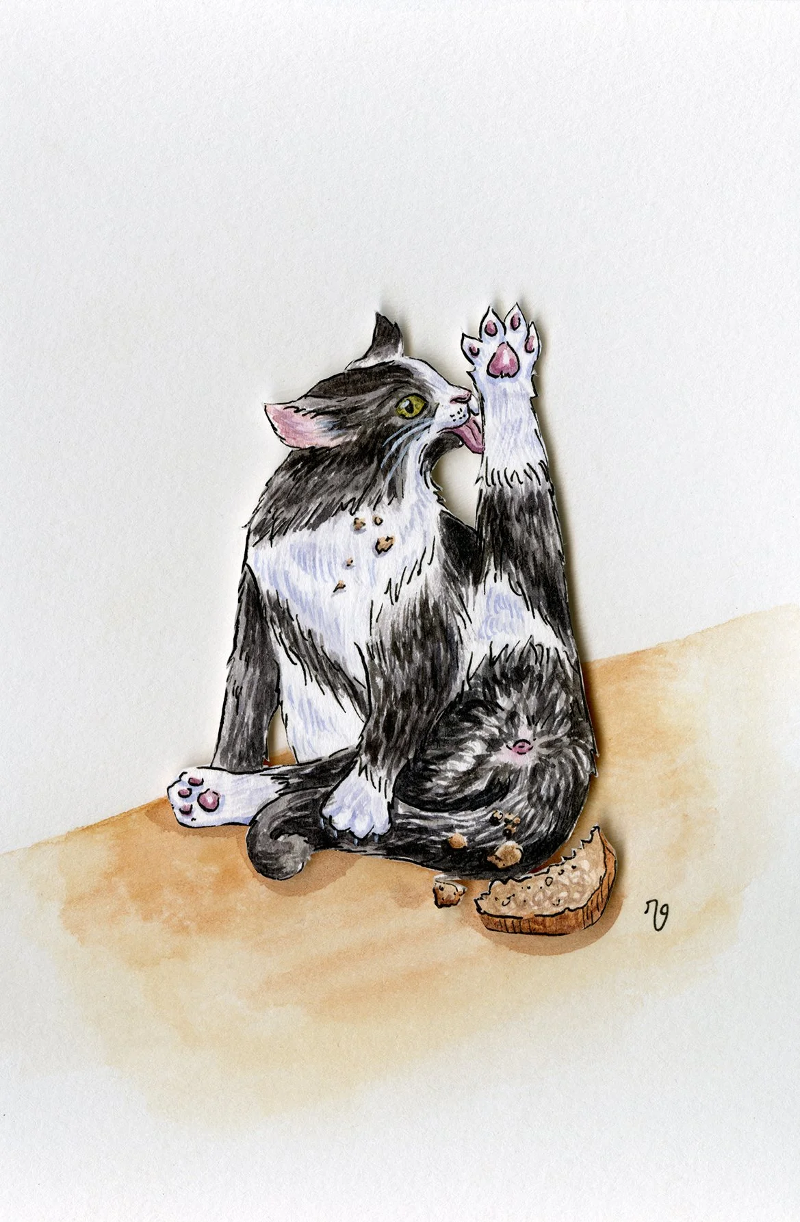 A watercolor drawing of a black and white cat sitting on a table with a piece of bread. The cat is licking its raised paw, which has pink pads. The cat has yellow eyes and appears to be grooming itself.