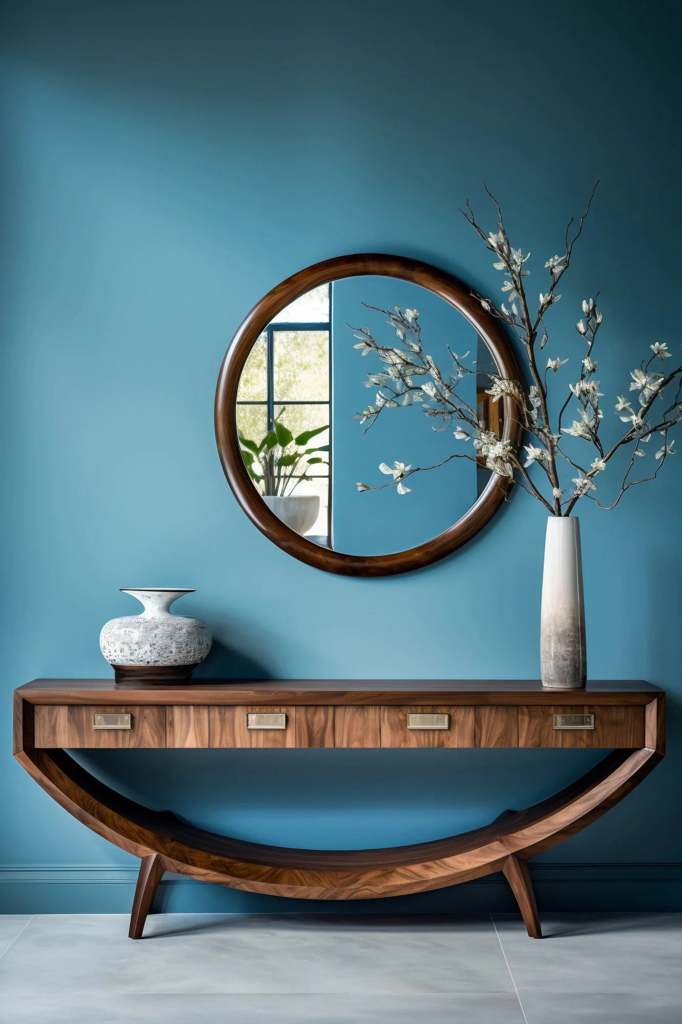 Decorative wooden sideboard with a rounded bottom edge, a large round mirror with a wooden frame, a tall white vase with branches and flowers, and a small textured vase on a blue wall.