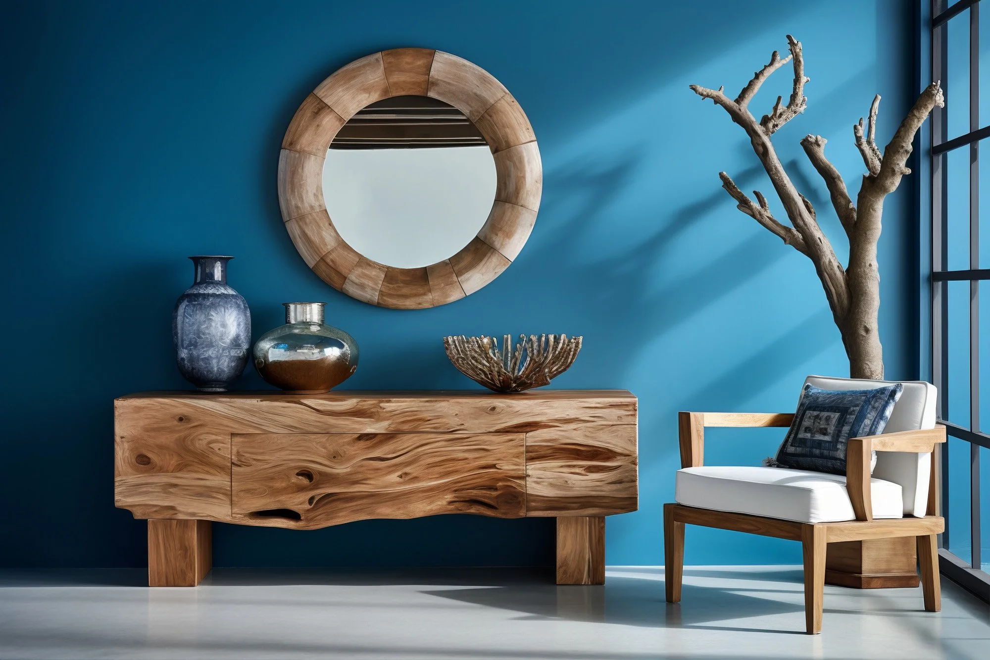 Modern interior with a wooden console, vases, a mirror on a blue wall, a leafless tree sculpture, and a white armchair with a decorative pillow near large windows.