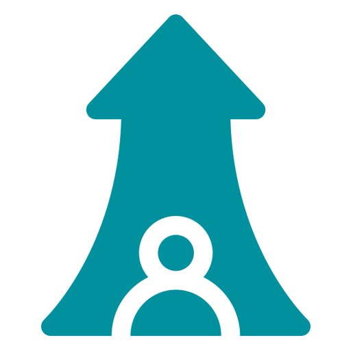 Blue upward arrow with a black outline of a person inside.