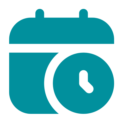 Icon of a calendar with a clock overlay.