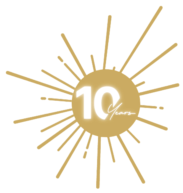 Gold and black 10th anniversary logo with sunburst design and the words '10 Years' in the center.