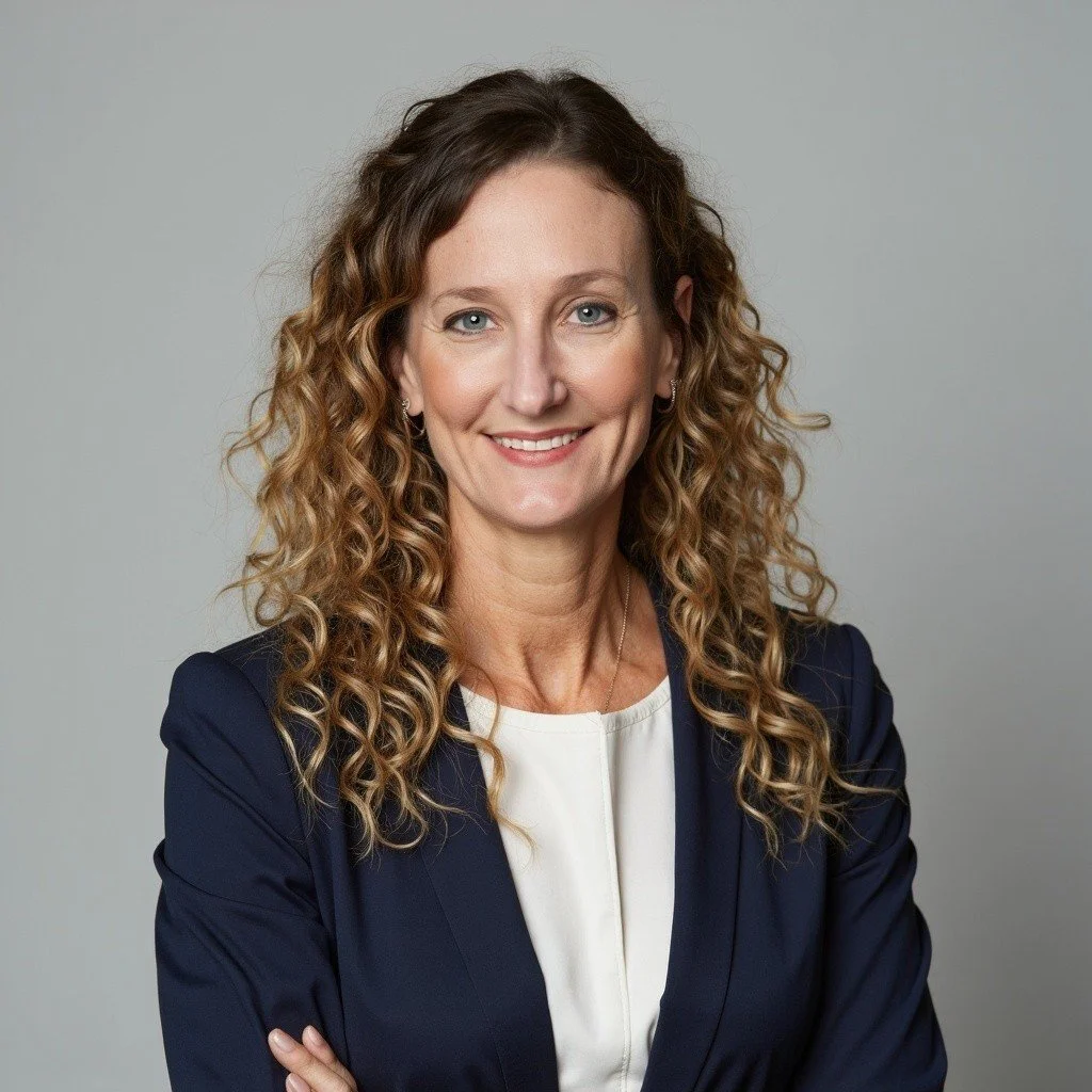 A professional woman with curly brown hair wearing a navy blazer and white blouse, smiling against a plain gray background.