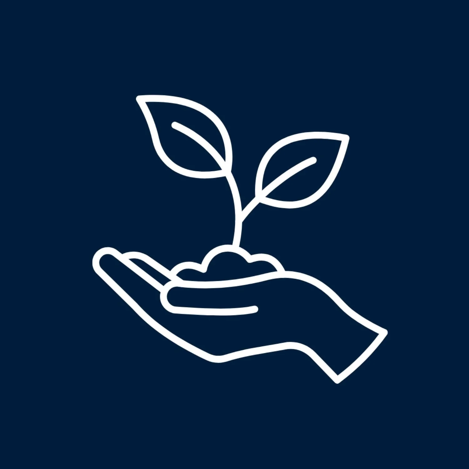 Line drawing of a hand holding soil with a sprouting plant.