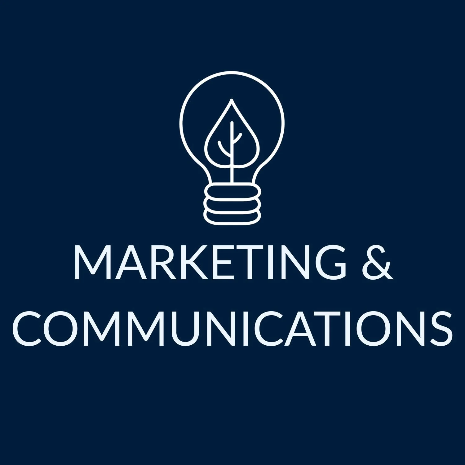 Logo for Marketing & Communications featuring a lightbulb with a leaf inside on a dark blue background.