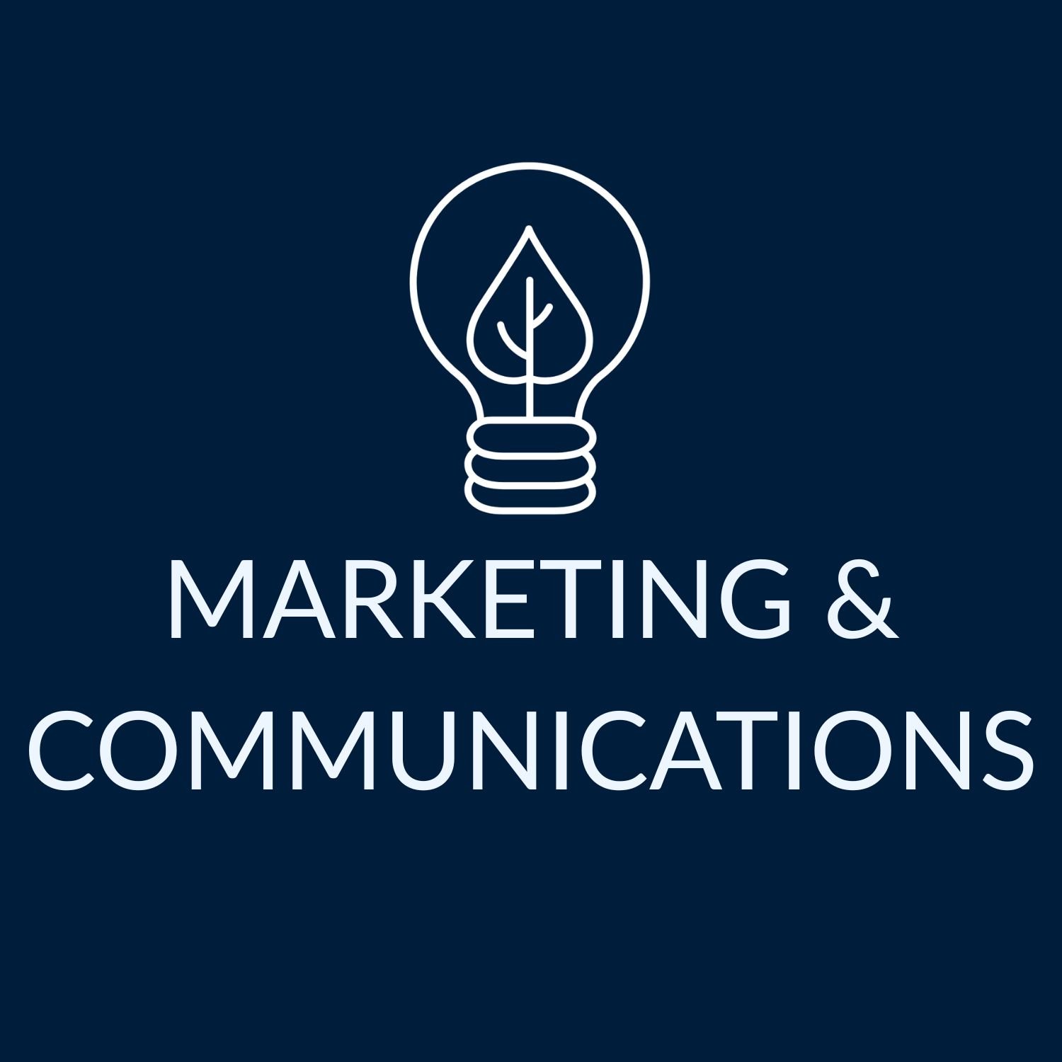 Logo for Marketing & Communications featuring a lightbulb with a leaf inside on a dark blue background.
