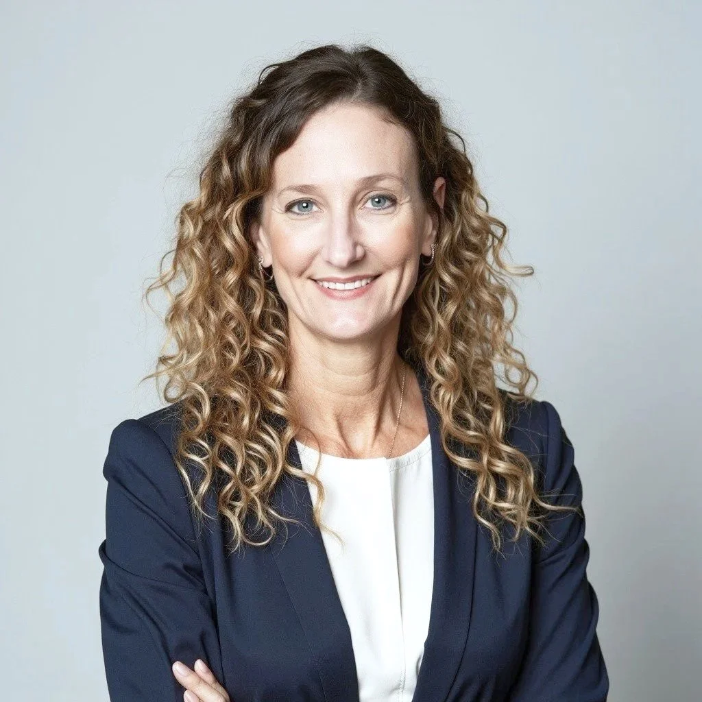 A woman with curly light brown hair, wearing a navy blazer over a white top, smiling with arms crossed against a plain light gray background.