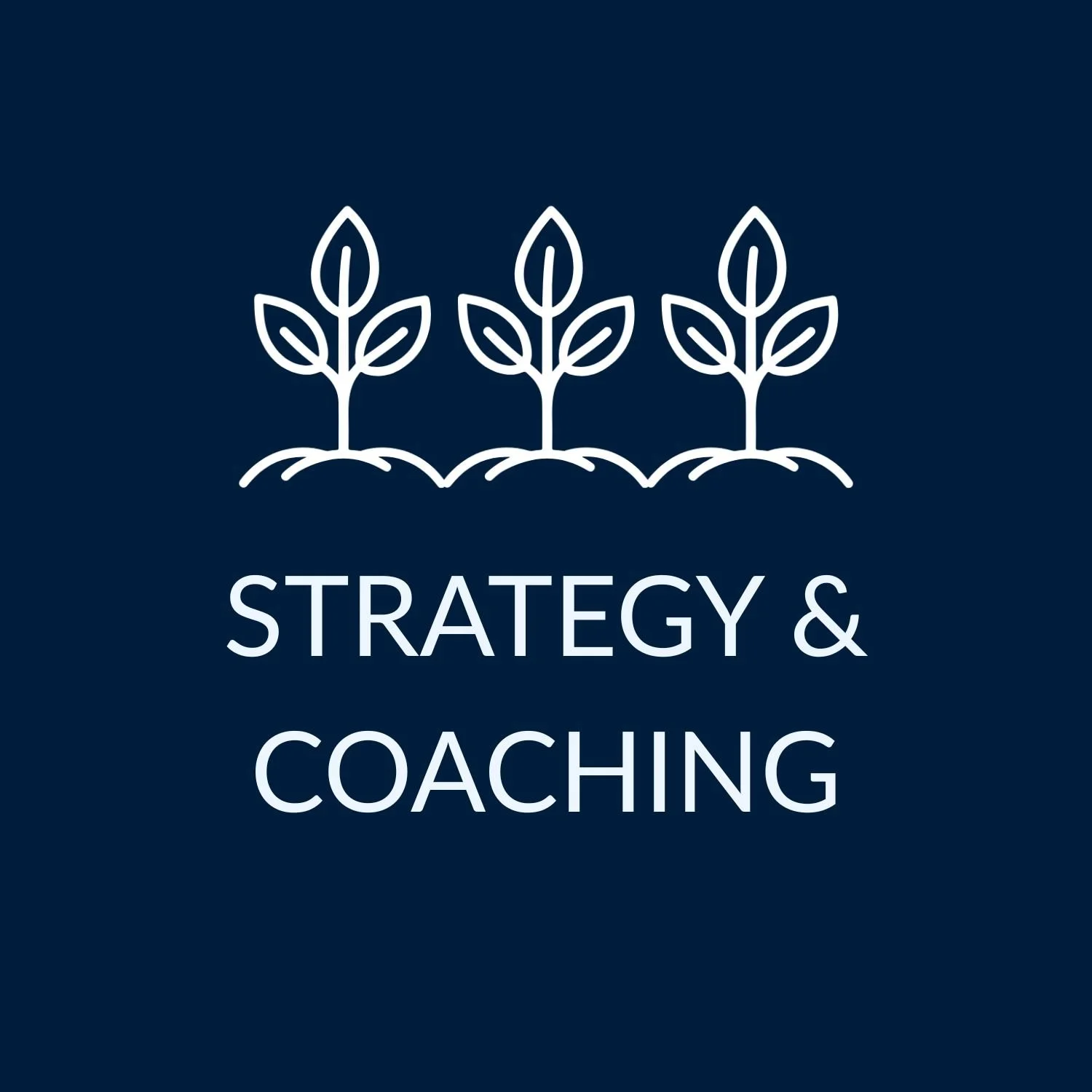 Logo with three stylized sprouting plants above the text "Strategy & Coaching" against a dark blue background.