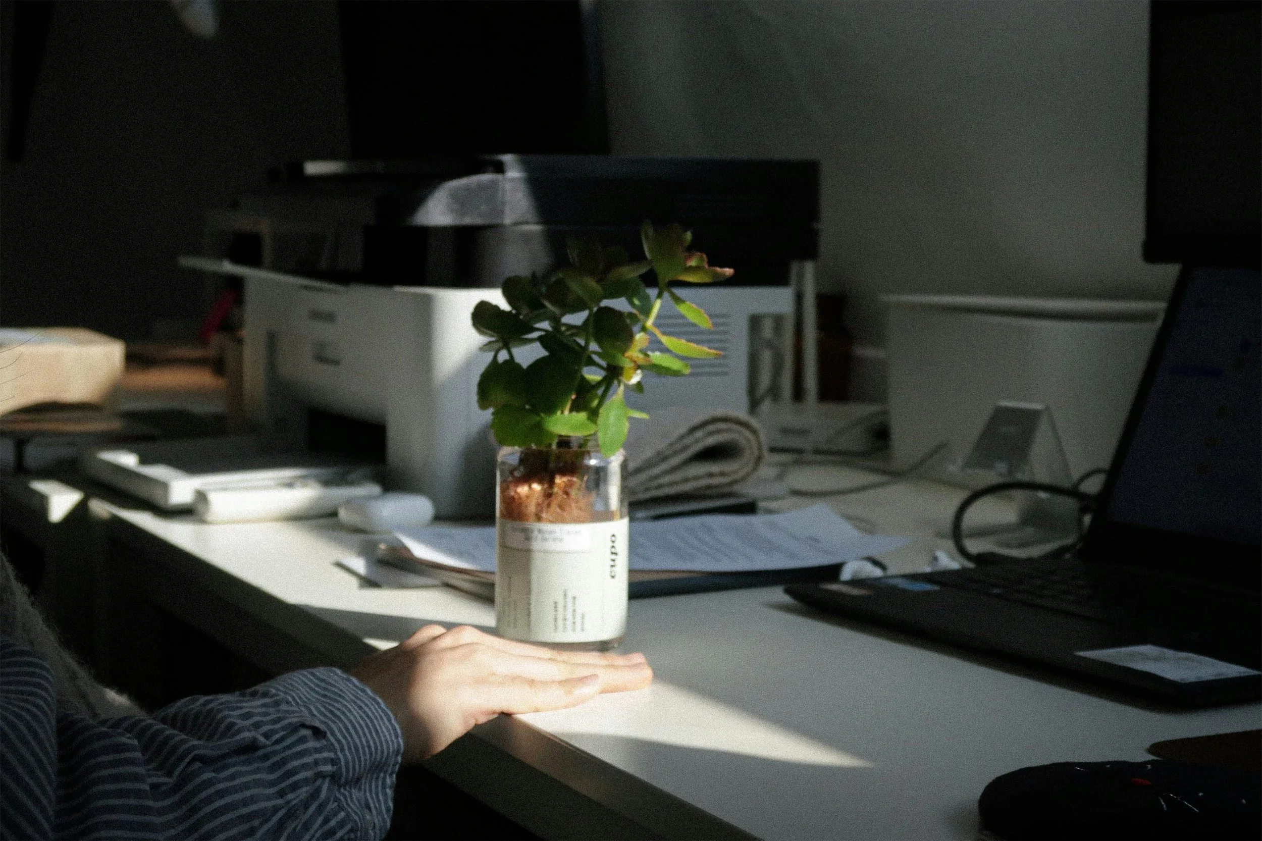 A person's hand rests on a white desk next to a small potted plant. The desk has various office supplies, a laptop, a printer, papers, and electronic devices. Sunlight creates shadows on the desk surface.
