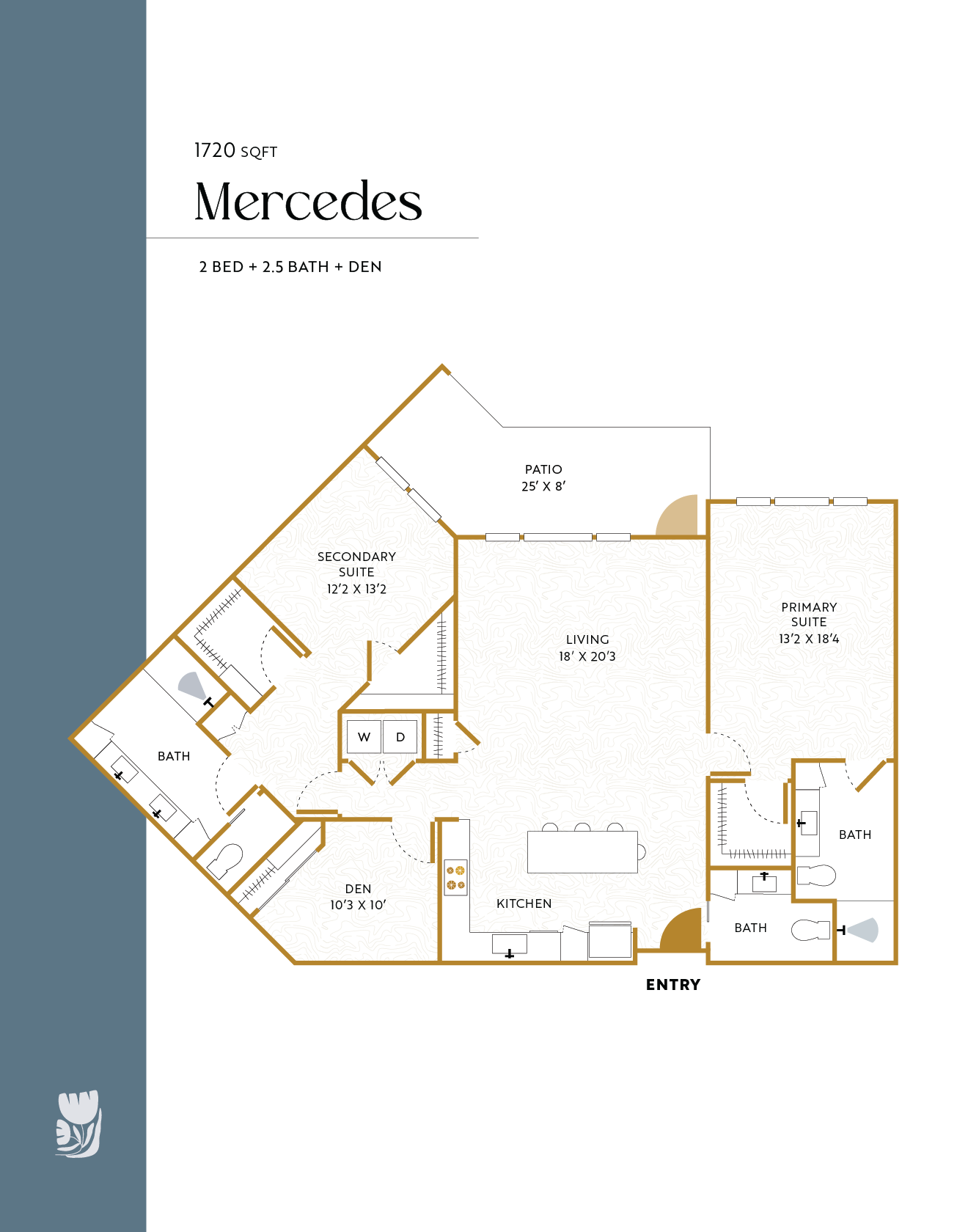 Floor plan of a 2-bedroom, 2.5-bath, 1720 sq ft residential home with a den, living room, kitchen, primary suite, secondary suite, patio, and multiple bathrooms.