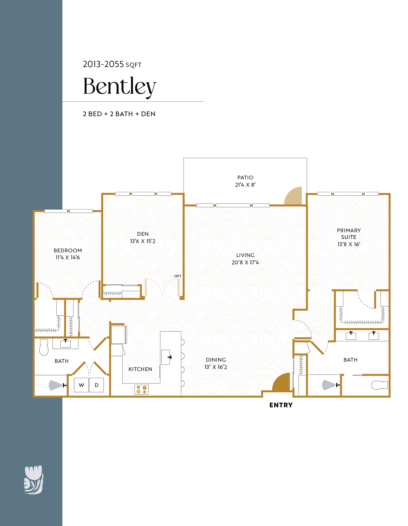 Floor plan of a residential home named Bentley with 2 bedrooms, 2 bathrooms, a den, and a patio.