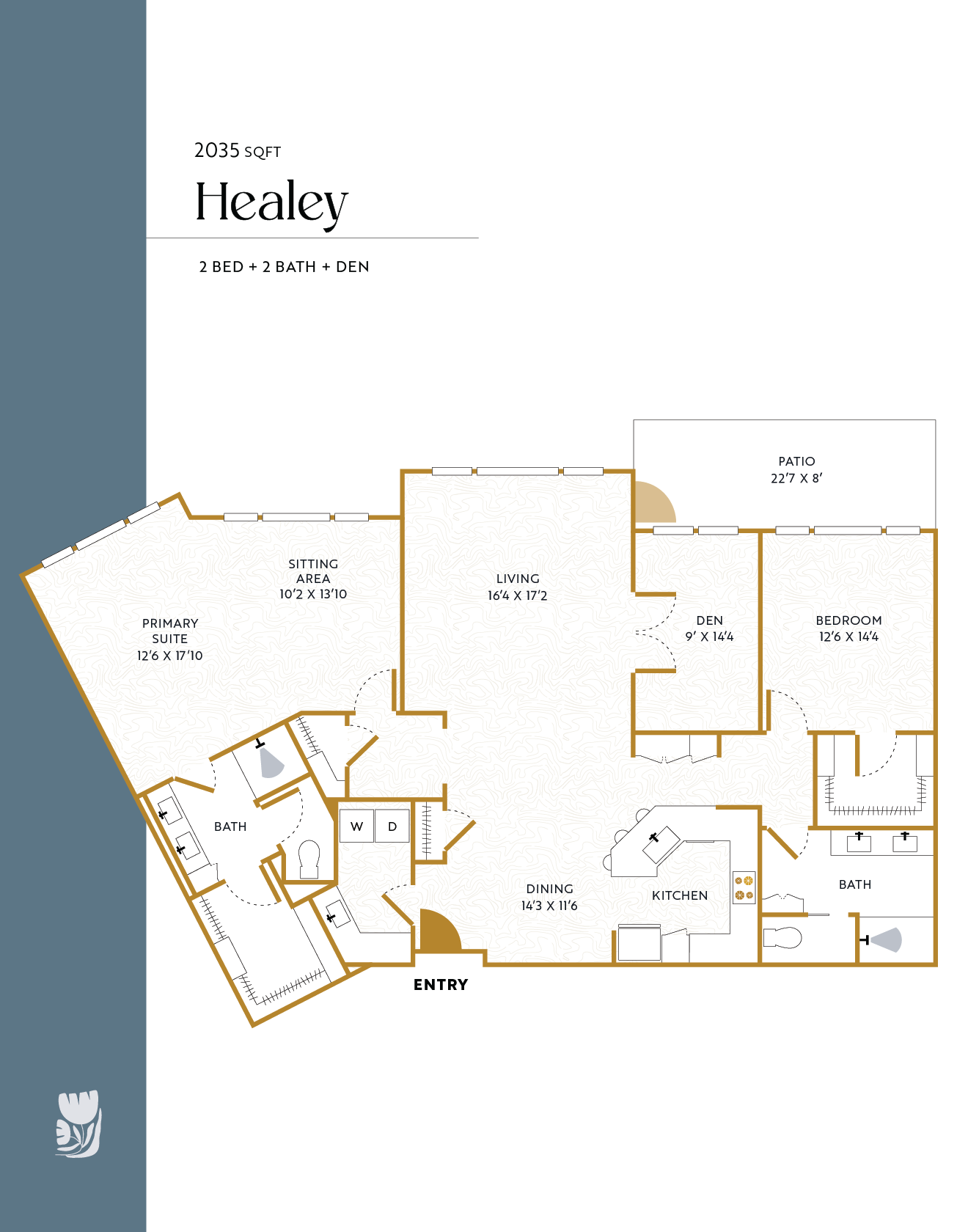 Floor plan of a house named Healey, 2 bedrooms, 2 bathrooms, den, sitting area, living room, kitchen, dining area, primary suite, two baths, patio, and entry, with dimensions labeled for each room.