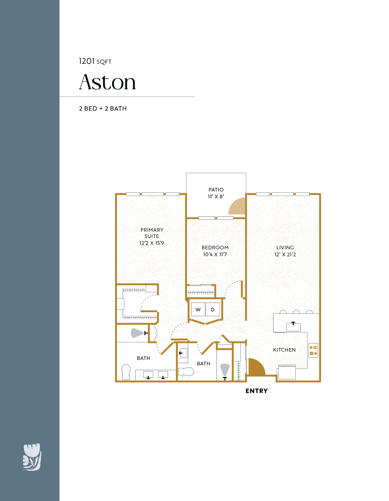 Floor plan of a two-bedroom, two-bathroom apartment named Aston, with a primary suite, additional bedroom, living room, kitchen, two bathrooms, a patio, and a laundry area.
