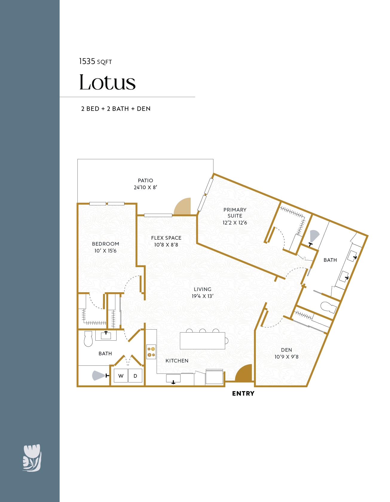 Floor plan of a two-bedroom, two-bath house with a den, kitchen, living area, flex space, laundry area, and outdoor patio.