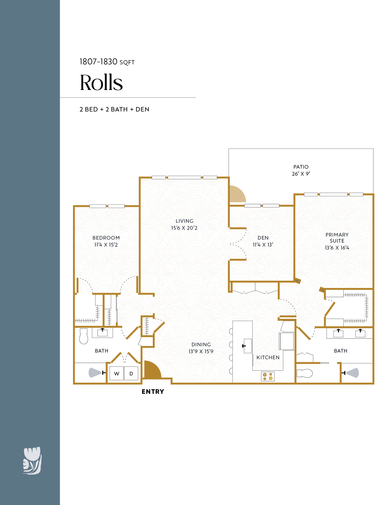 Floor plan of a house named 'Rolls' with 2 bedrooms, 2 bathrooms, and a den. The layout includes an entry, kitchen, dining area, living room, primary suite with bathroom, a second bedroom, a second bathroom, a den, and a patio.