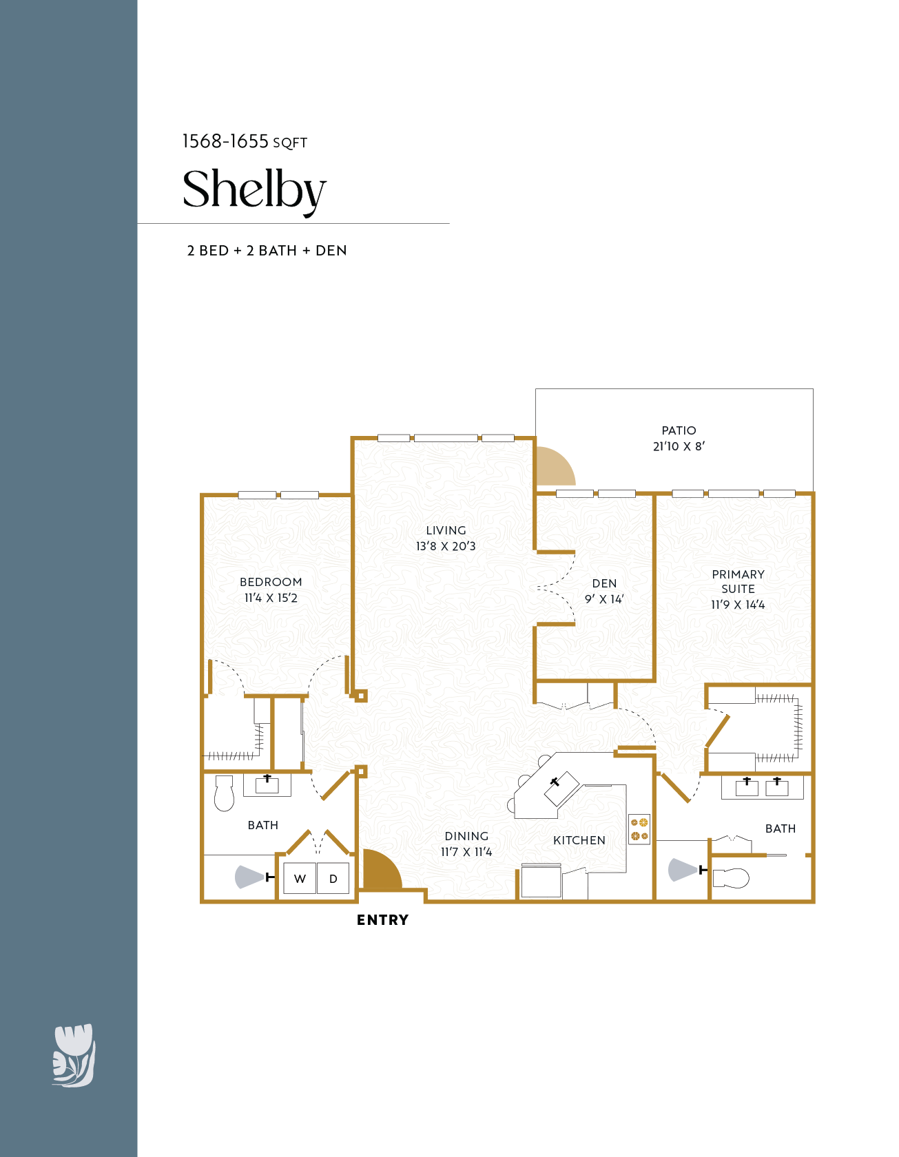 Floor plan for the Shelby house, featuring 2 bedrooms, 2 bathrooms, a den, living room, kitchen, dining area, primary suite, and patio.