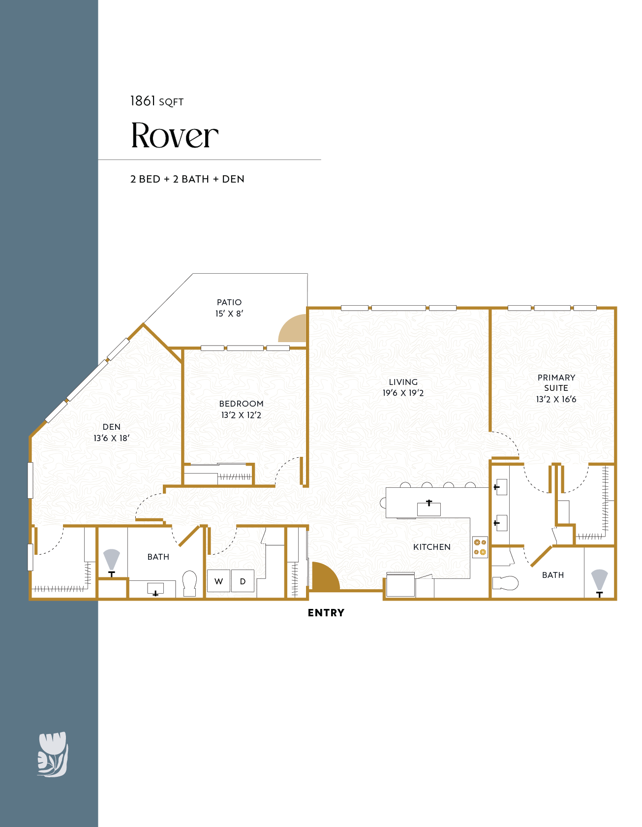 Floor plan of a house named Rover with 2 bedrooms, 2 bathrooms, a den, living room, kitchen, primary suite, patio, and entry.