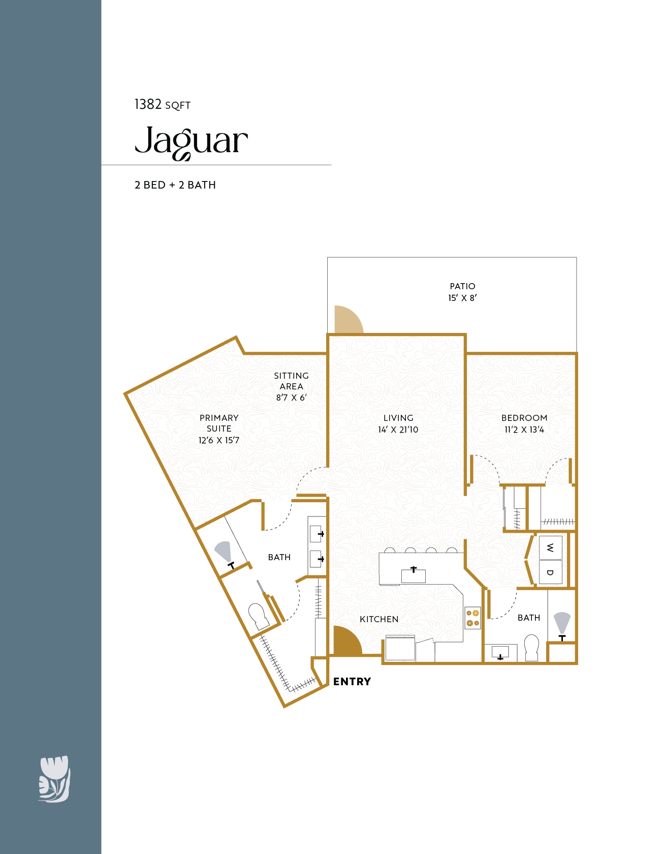 Floor plan of a two-bedroom, two-bathroom apartment named Jaguar, with a living room, kitchen, sitting area, primary suite, bedroom, and patios.